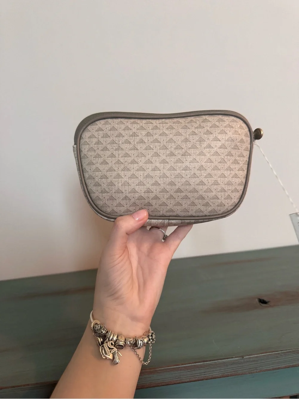 NWT Liz Claiborne Beige Patterned Cosmetic Pouch with Brown Trim